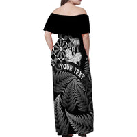 Personalised New Zealand Aotearoa Darts Masters Family Matching Off Shoulder Maxi Dress and Hawaiian Shirt Silver Fern and Maori Spirit - Polynesian Pride