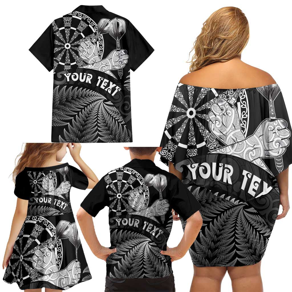 Personalised New Zealand Aotearoa Darts Masters Family Matching Off Shoulder Short Dress and Hawaiian Shirt Silver Fern and Maori Spirit - Polynesian Pride