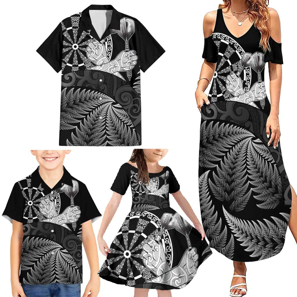 Personalised New Zealand Aotearoa Darts Masters Family Matching Summer Maxi Dress and Hawaiian Shirt Silver Fern and Maori Spirit - Polynesian Pride