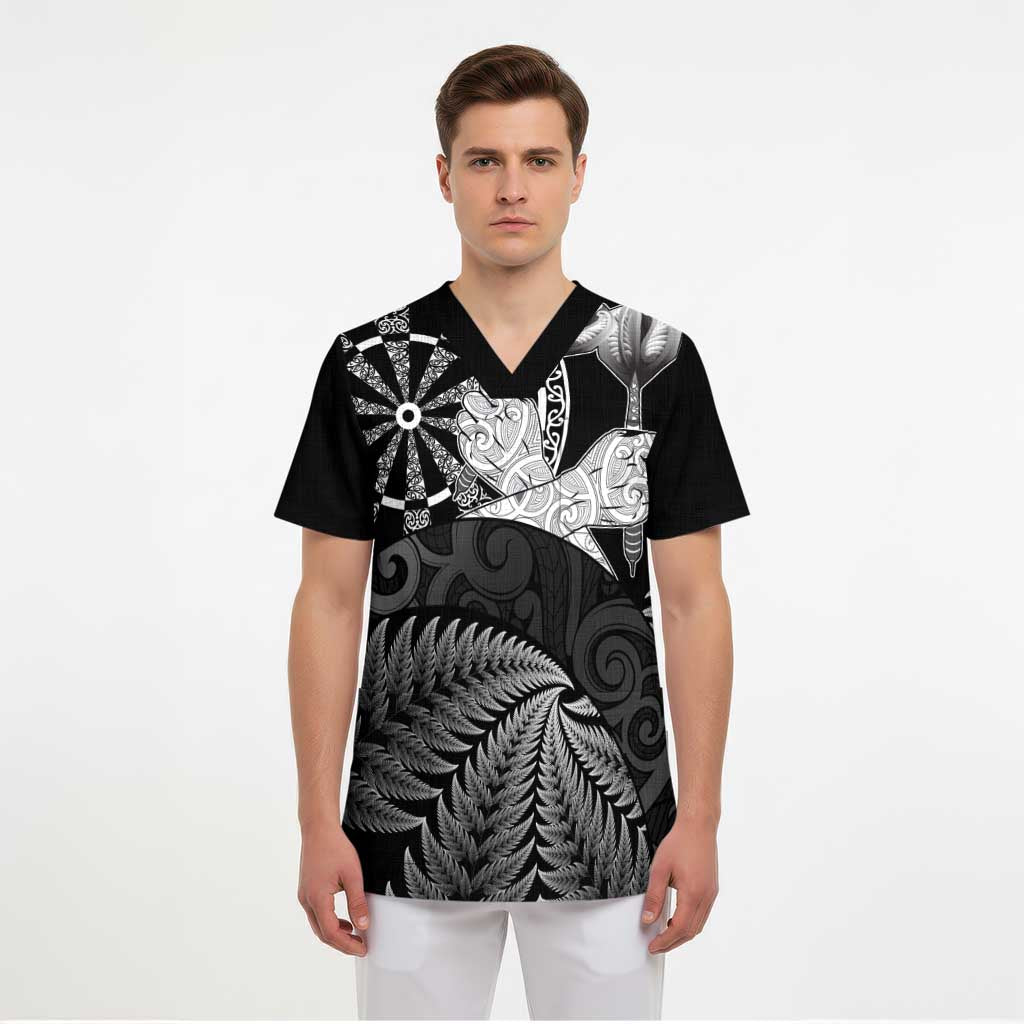 Personalised New Zealand Aotearoa Darts Masters Scrub Top Silver Fern and Maori Spirit - Polynesian Pride