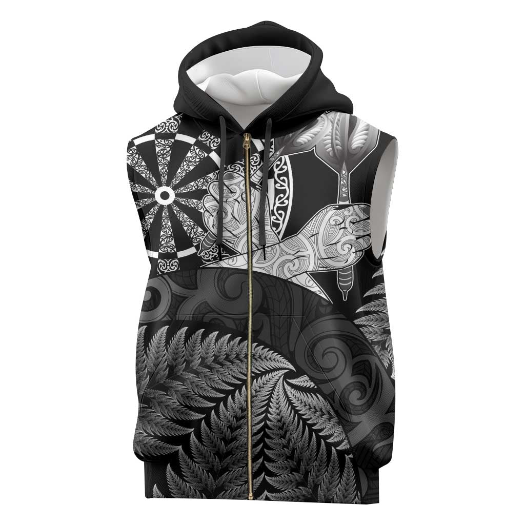 Personalised New Zealand Aotearoa Darts Masters Sleeveless Zip Hoodie Silver Fern and Maori Spirit - Polynesian Pride