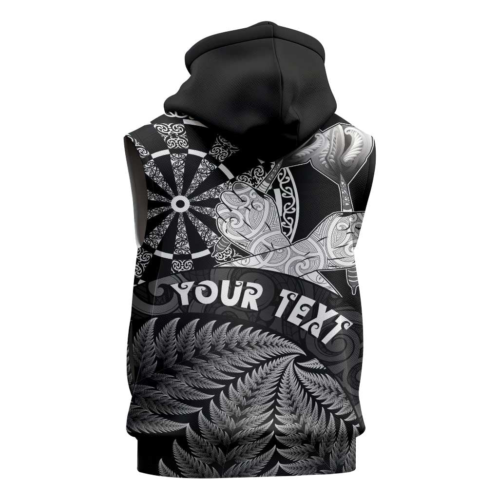 Personalised New Zealand Aotearoa Darts Masters Sleeveless Zip Hoodie Silver Fern and Maori Spirit - Polynesian Pride