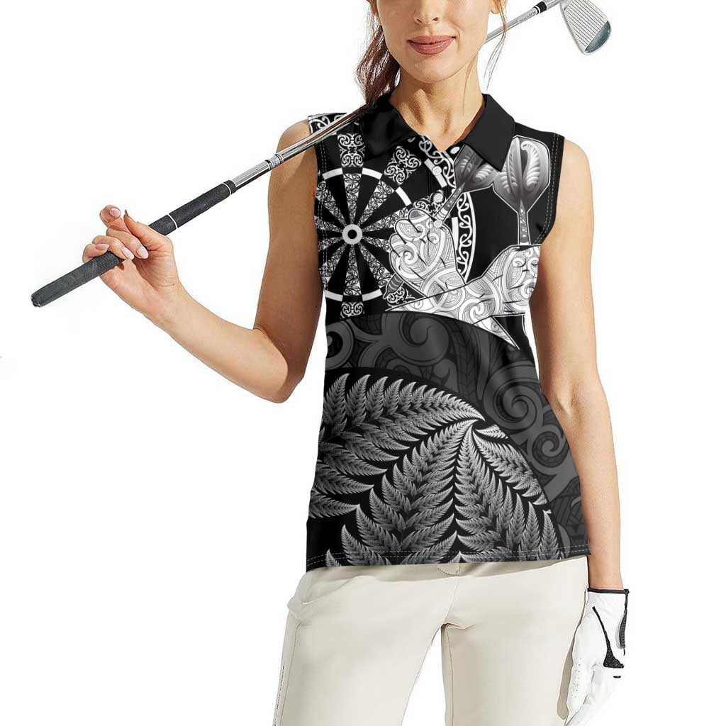 Personalised New Zealand Aotearoa Darts Masters Women Sleeveless Polo Shirt Silver Fern and Maori Spirit - Polynesian Pride