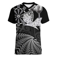 Personalised New Zealand Aotearoa Darts Masters Women V-Neck T-Shirt Silver Fern and Maori Spirit - Polynesian Pride