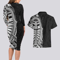 Traditional Polynesian Art Tattoos Couples Matching Long Sleeve Bodycon Dress and Hawaiian Shirt Black Color - Polynesian Pride