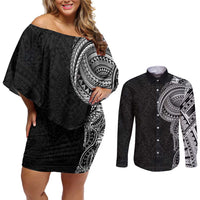 Traditional Polynesian Art Tattoos Couples Matching Off Shoulder Short Dress and Long Sleeve Button Shirt Black Color LT03 Black - Polynesian Pride