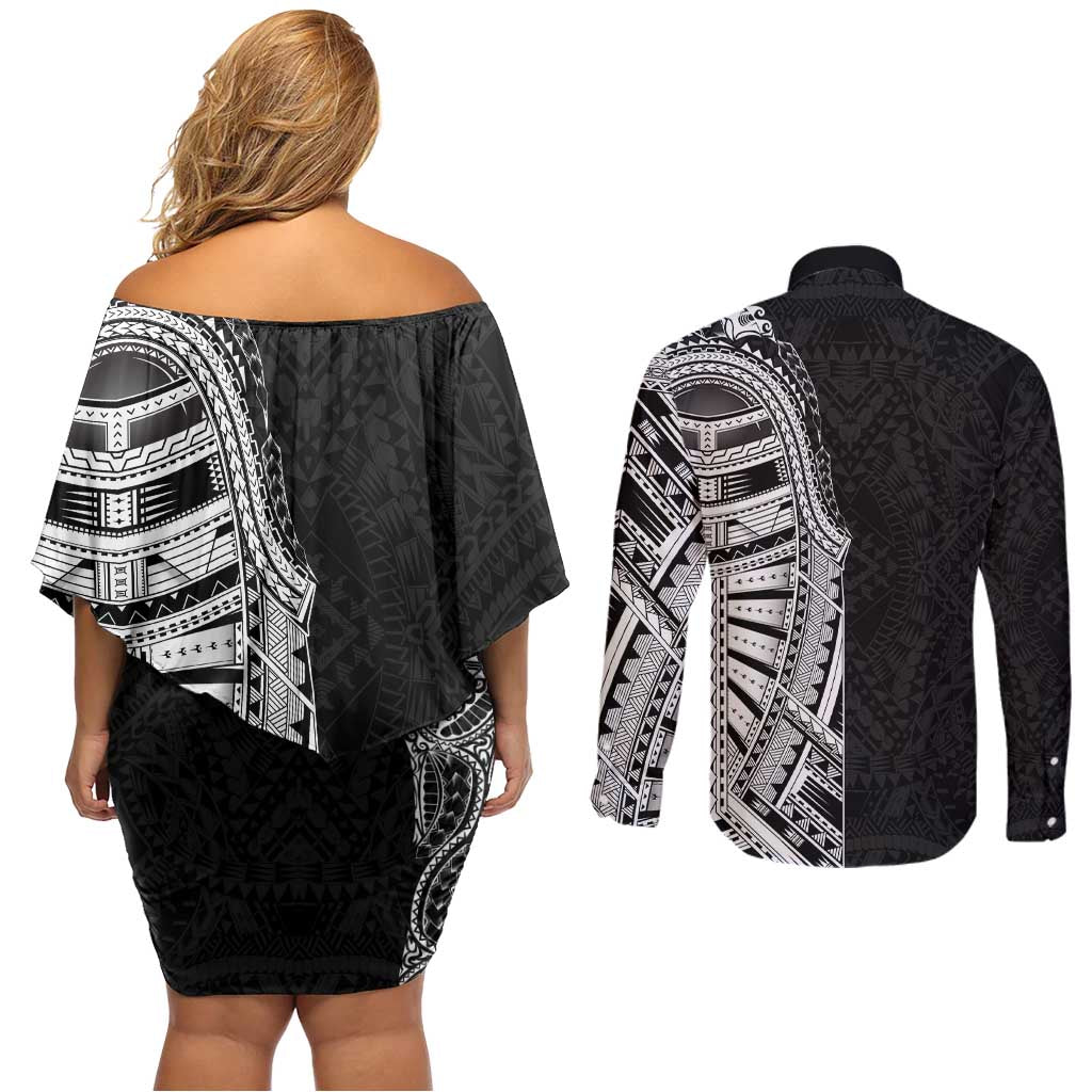 Traditional Polynesian Art Tattoos Couples Matching Off Shoulder Short Dress and Long Sleeve Button Shirt Black Color LT03 - Polynesian Pride