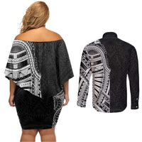 Traditional Polynesian Art Tattoos Couples Matching Off Shoulder Short Dress and Long Sleeve Button Shirt Black Color LT03 - Polynesian Pride