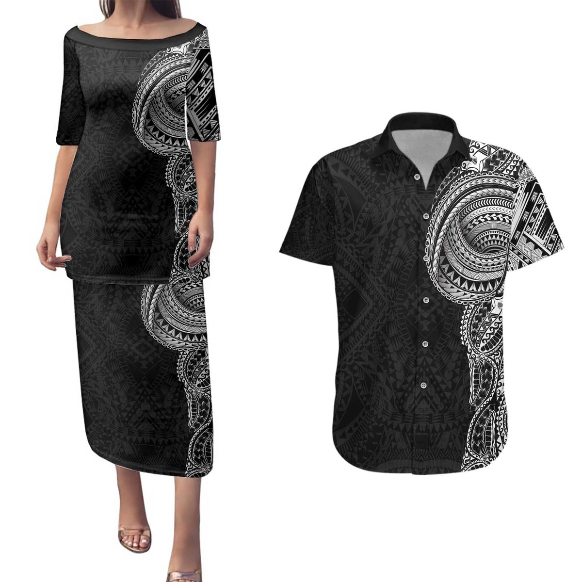 Traditional Polynesian Art Tattoos Couples Matching Puletasi and Hawaiian Shirt Black Color LT03 Black - Polynesian Pride