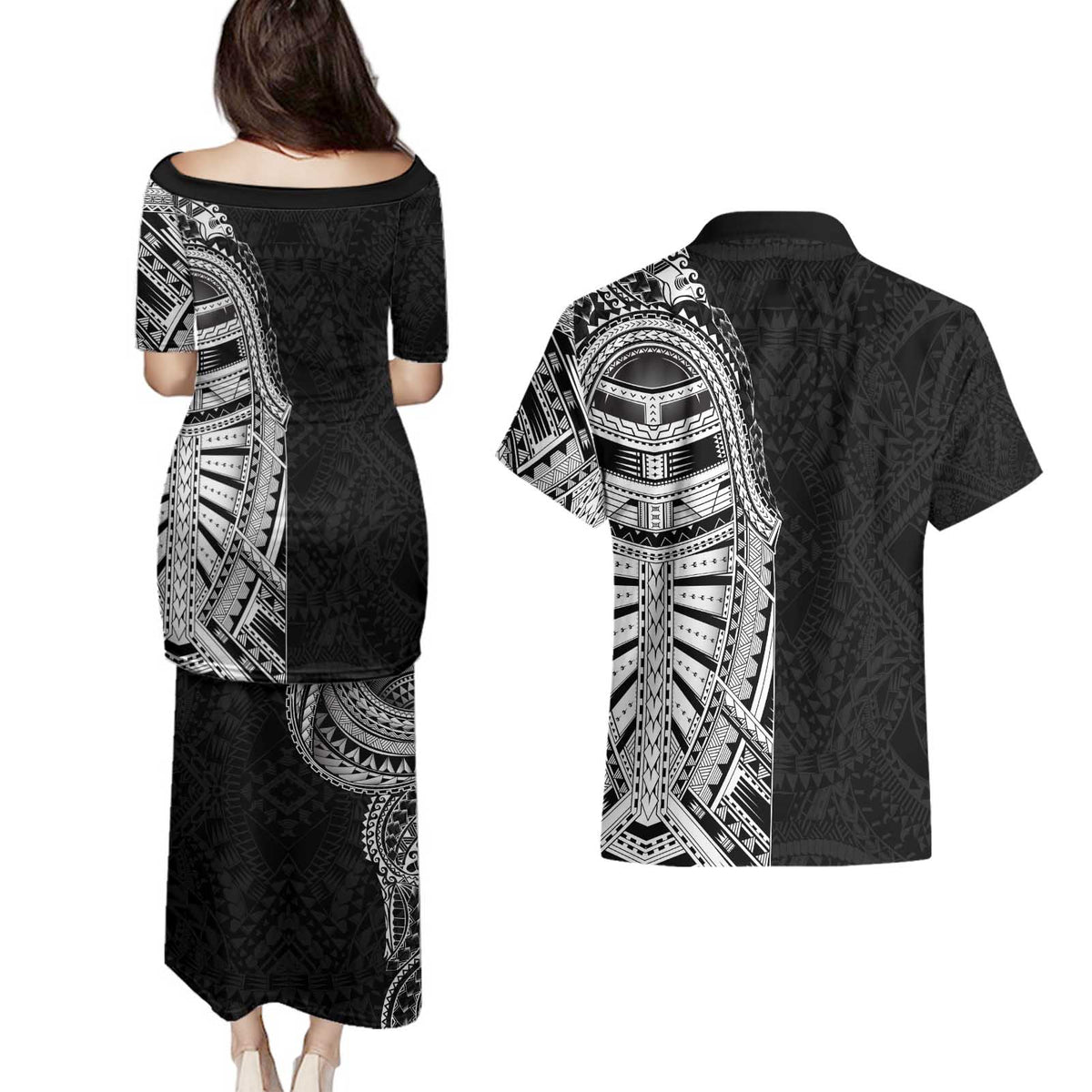Traditional Polynesian Art Tattoos Couples Matching Puletasi and Hawaiian Shirt Black Color LT03 - Polynesian Pride