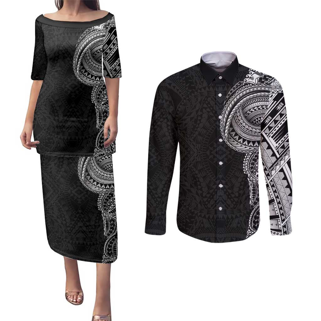 Traditional Polynesian Art Tattoos Couples Matching Puletasi and Long Sleeve Button Shirt Black Color LT03 Black - Polynesian Pride