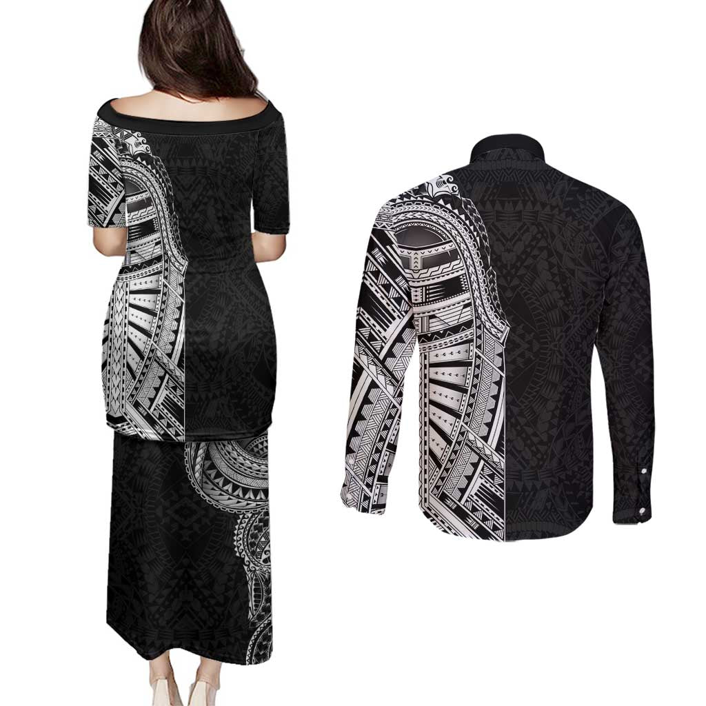 Traditional Polynesian Art Tattoos Couples Matching Puletasi and Long Sleeve Button Shirt Black Color LT03 - Polynesian Pride