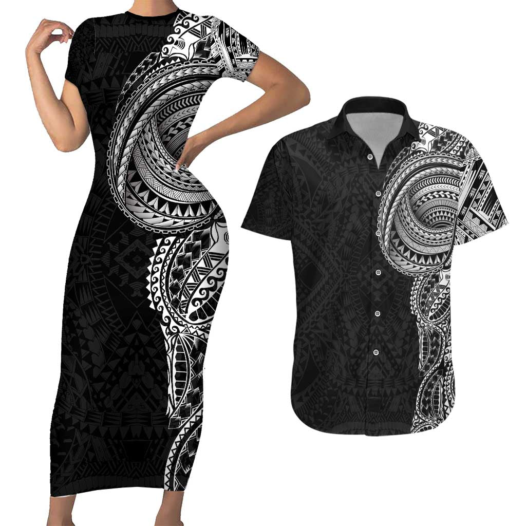 Traditional Polynesian Art Tattoos Couples Matching Short Sleeve Bodycon Dress and Hawaiian Shirt Black Color - Polynesian Pride