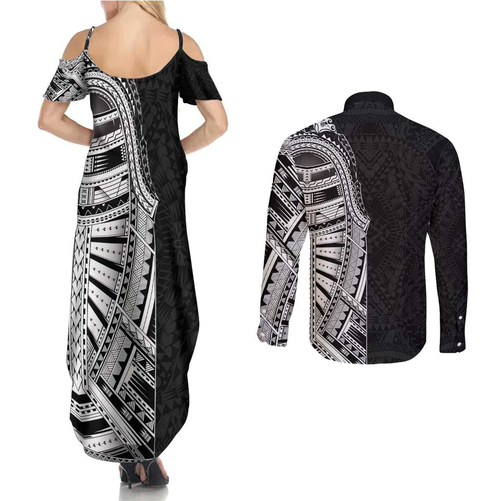 Traditional Polynesian Art Tattoos Couples Matching Summer Maxi Dress and Long Sleeve Button Shirt Black Color LT03 - Polynesian Pride