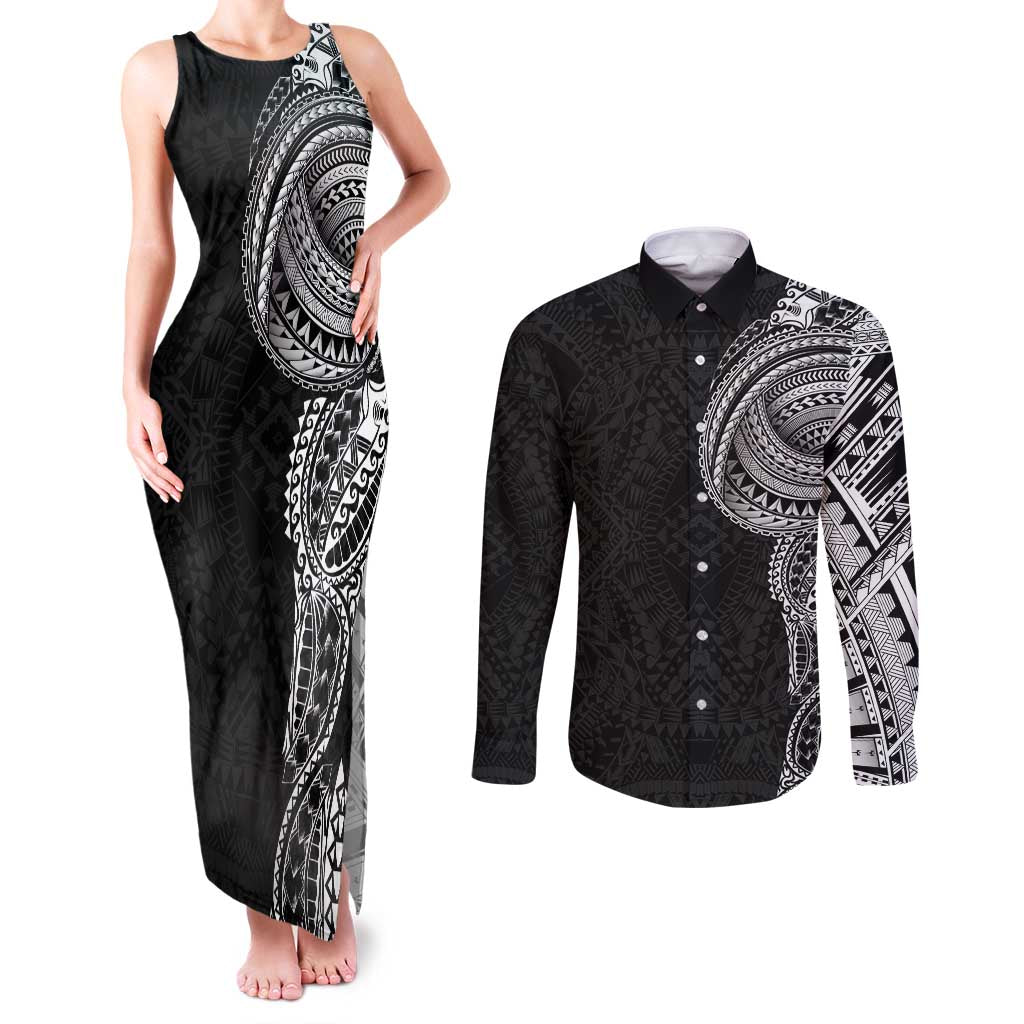 Traditional Polynesian Art Tattoos Couples Matching Tank Maxi Dress and Long Sleeve Button Shirt Black Color LT03 Black - Polynesian Pride