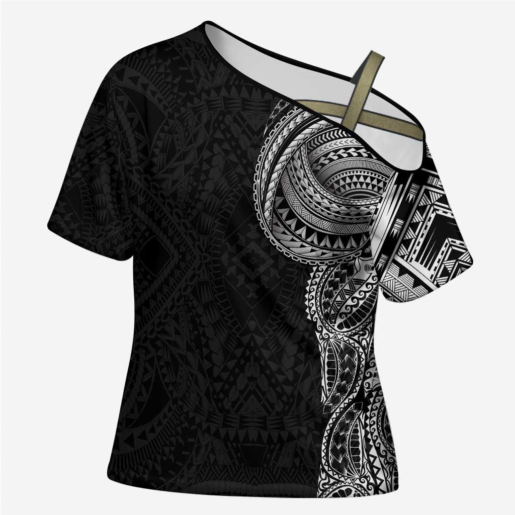 Traditional Polynesian Art Tattoos Cross Shoulder Shirt Black Color LT03 Female Black - Polynesian Pride