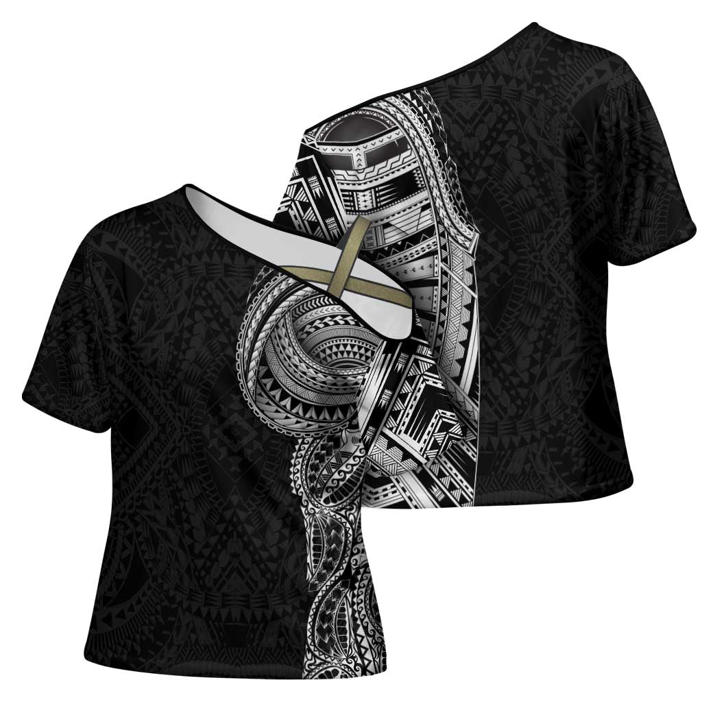 Traditional Polynesian Art Tattoos Cross Shoulder Shirt Black Color LT03 - Polynesian Pride