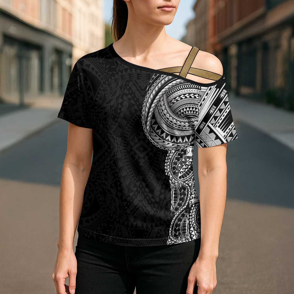 Traditional Polynesian Art Tattoos Cross Shoulder Shirt Black Color LT03 - Polynesian Pride