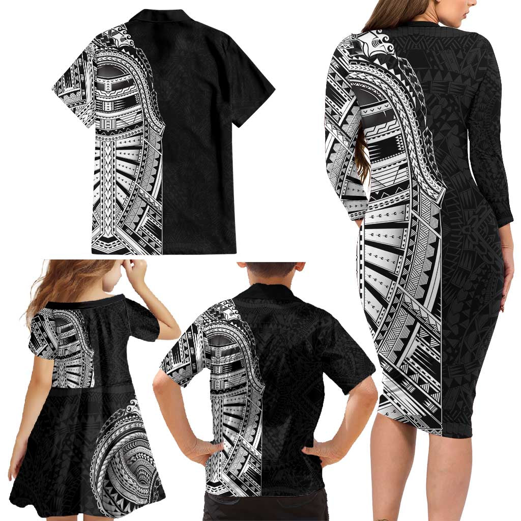 Traditional Polynesian Art Tattoos Family Matching Long Sleeve Bodycon Dress and Hawaiian Shirt Black Color - Polynesian Pride