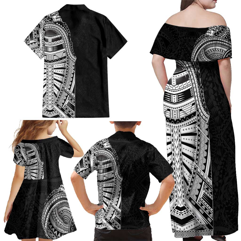 Traditional Polynesian Art Tattoos Family Matching Off Shoulder Maxi Dress and Hawaiian Shirt Black Color - Polynesian Pride