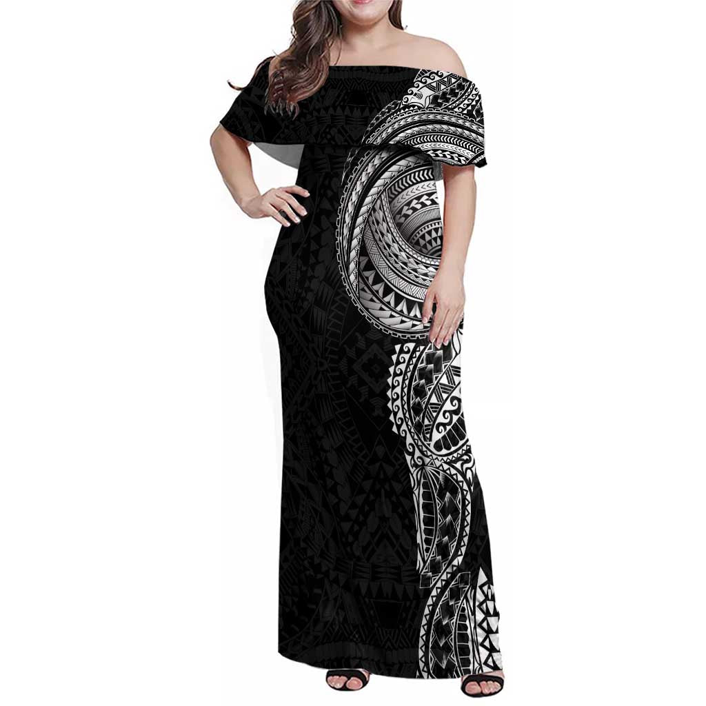Traditional Polynesian Art Tattoos Family Matching Off Shoulder Maxi Dress and Hawaiian Shirt Black Color - Polynesian Pride
