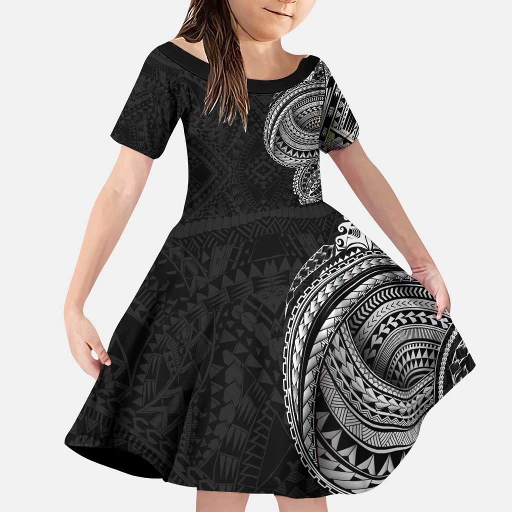 Traditional Polynesian Art Tattoos Family Matching Puletasi and Hawaiian Shirt Black Color LT03 Daughter's Dress Black - Polynesian Pride