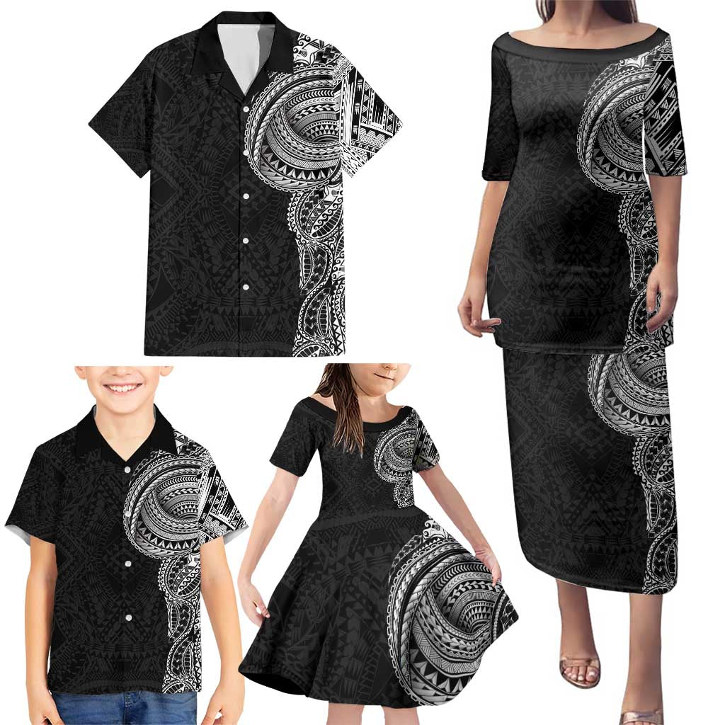 Traditional Polynesian Art Tattoos Family Matching Puletasi and Hawaiian Shirt Black Color - Polynesian Pride