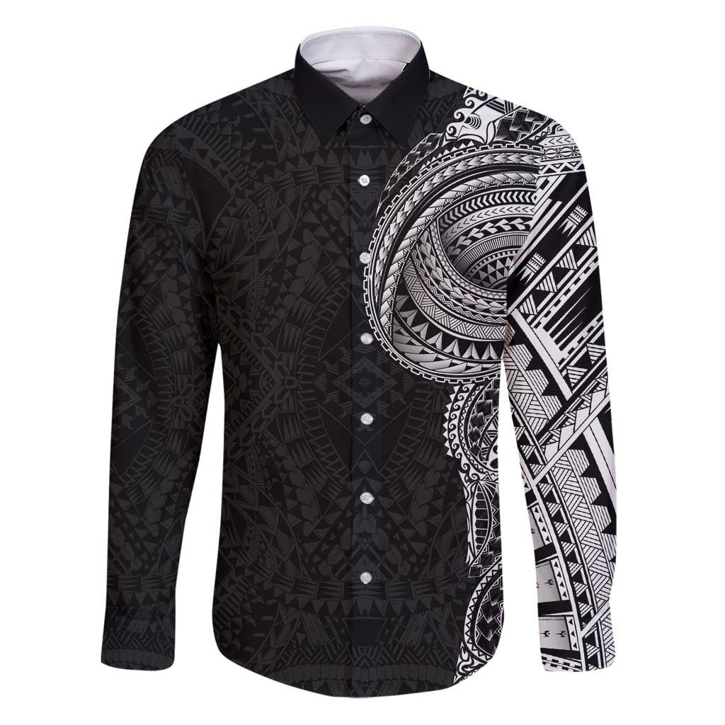 Traditional Polynesian Art Tattoos Family Matching Puletasi and Hawaiian Shirt Black Color LT03 Dad's Shirt - Long Sleeve Black - Polynesian Pride