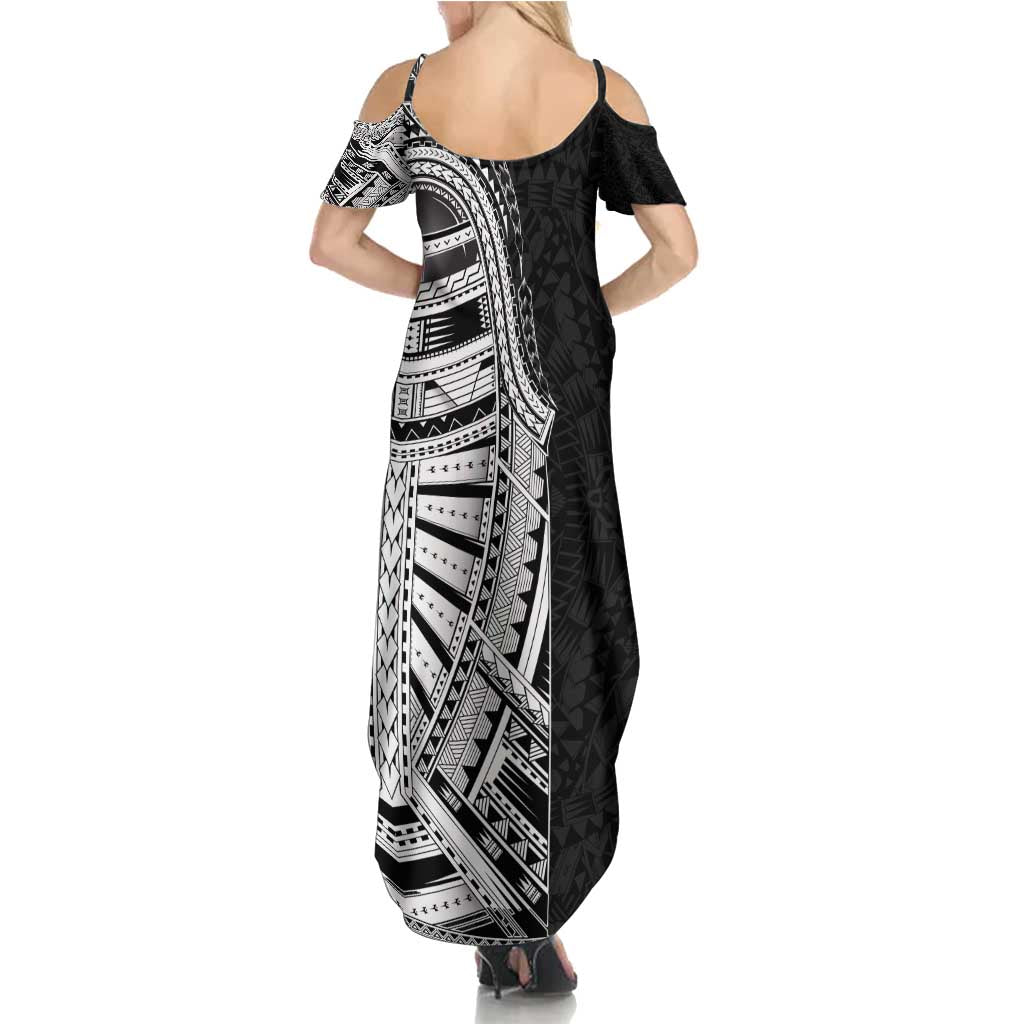 Traditional Polynesian Art Tattoos Family Matching Summer Maxi Dress and Hawaiian Shirt Black Color - Polynesian Pride