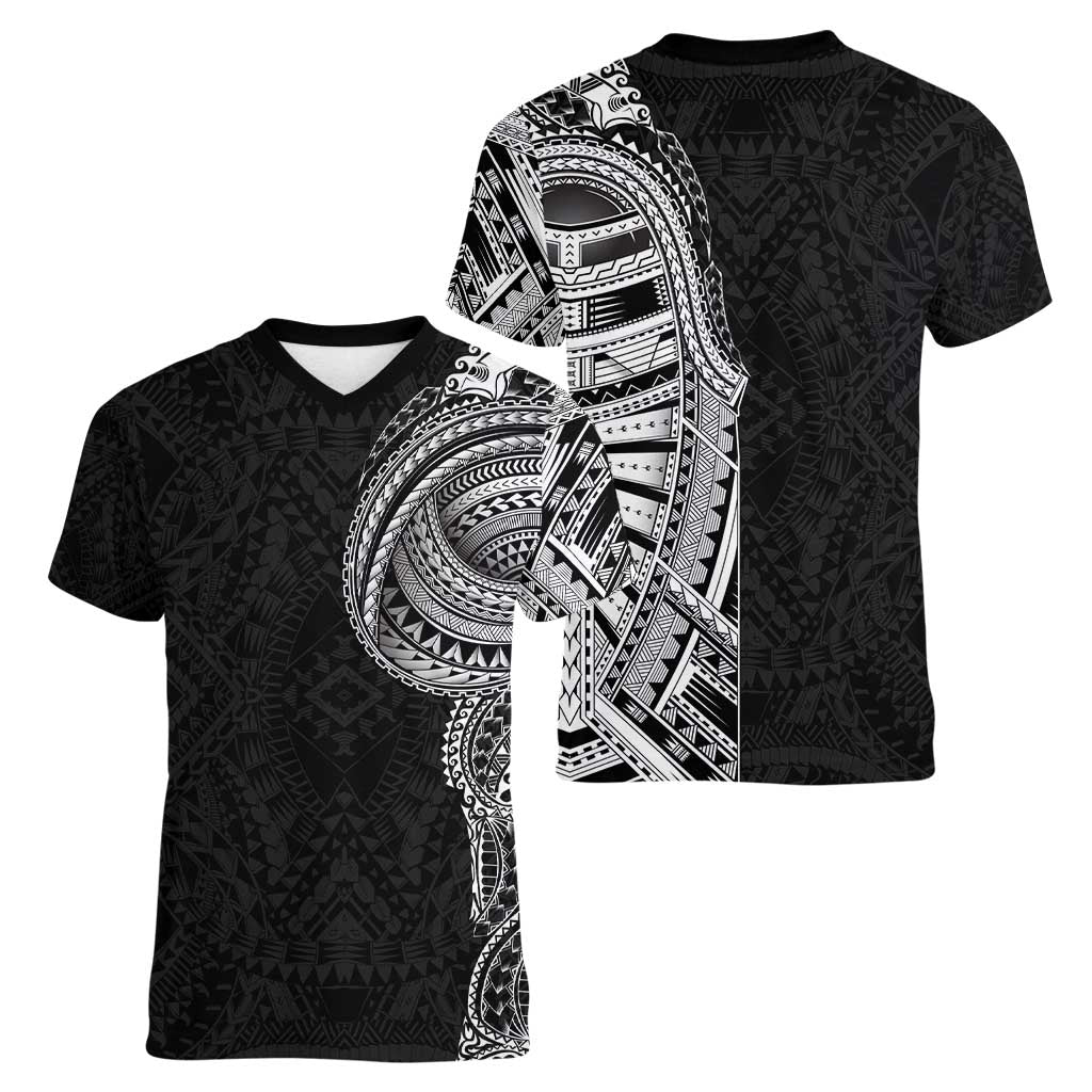Traditional Polynesian Art Tattoos Women V-Neck T-Shirt Black Color - Polynesian Pride