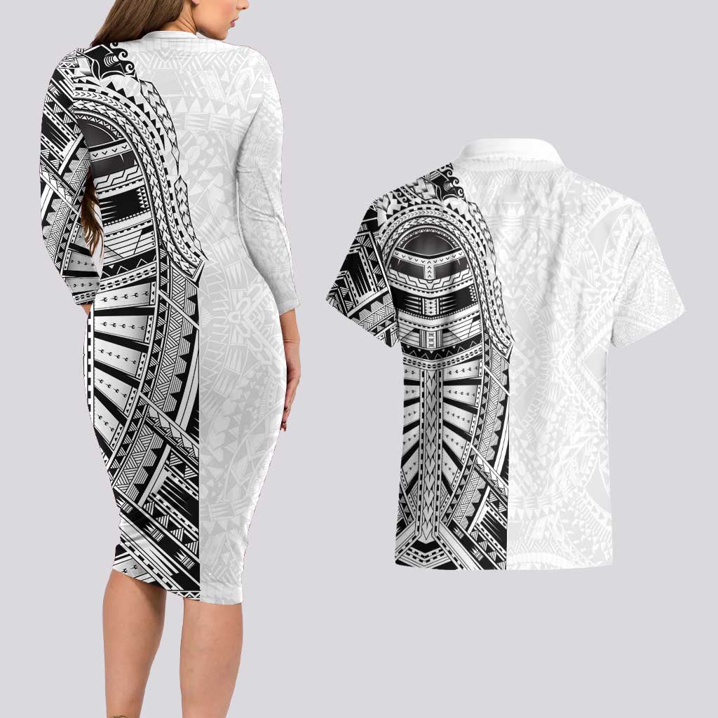 Traditional Polynesian Art Tattoos Couples Matching Long Sleeve Bodycon Dress and Hawaiian Shirt White Color - Polynesian Pride