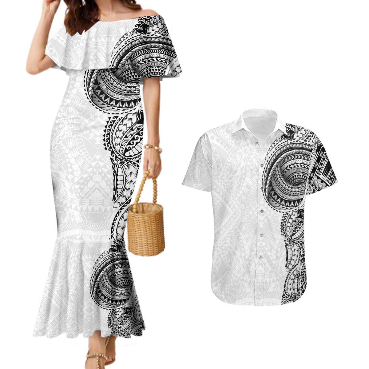 Traditional Polynesian Art Tattoos Couples Matching Mermaid Dress and Hawaiian Shirt White Color - Polynesian Pride