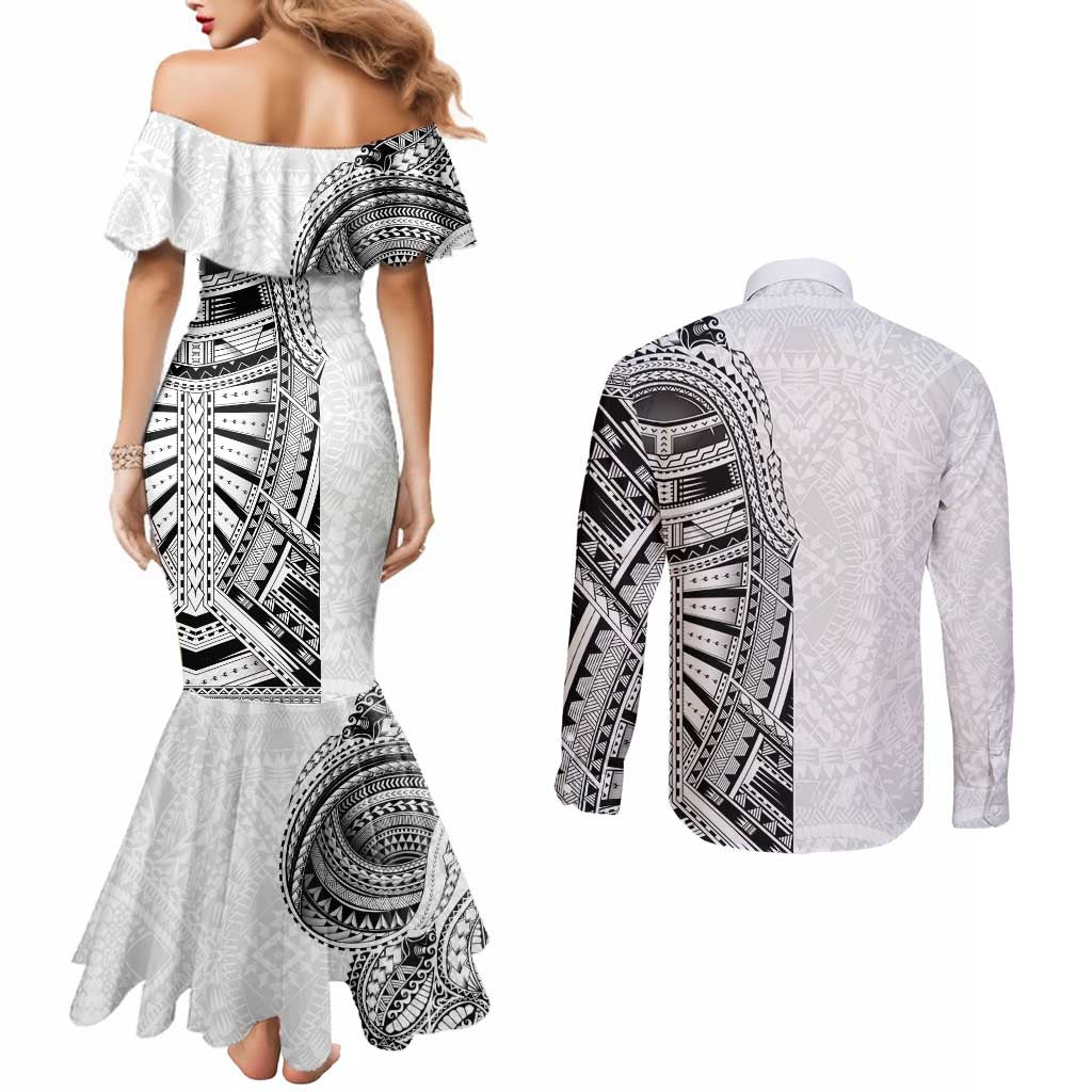 Traditional Polynesian Art Tattoos Couples Matching Mermaid Dress and Long Sleeve Button Shirt White Color LT03 - Polynesian Pride