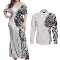 Traditional Polynesian Art Tattoos Couples Matching Off Shoulder Maxi Dress and Long Sleeve Button Shirt White Color LT03 White - Polynesian Pride