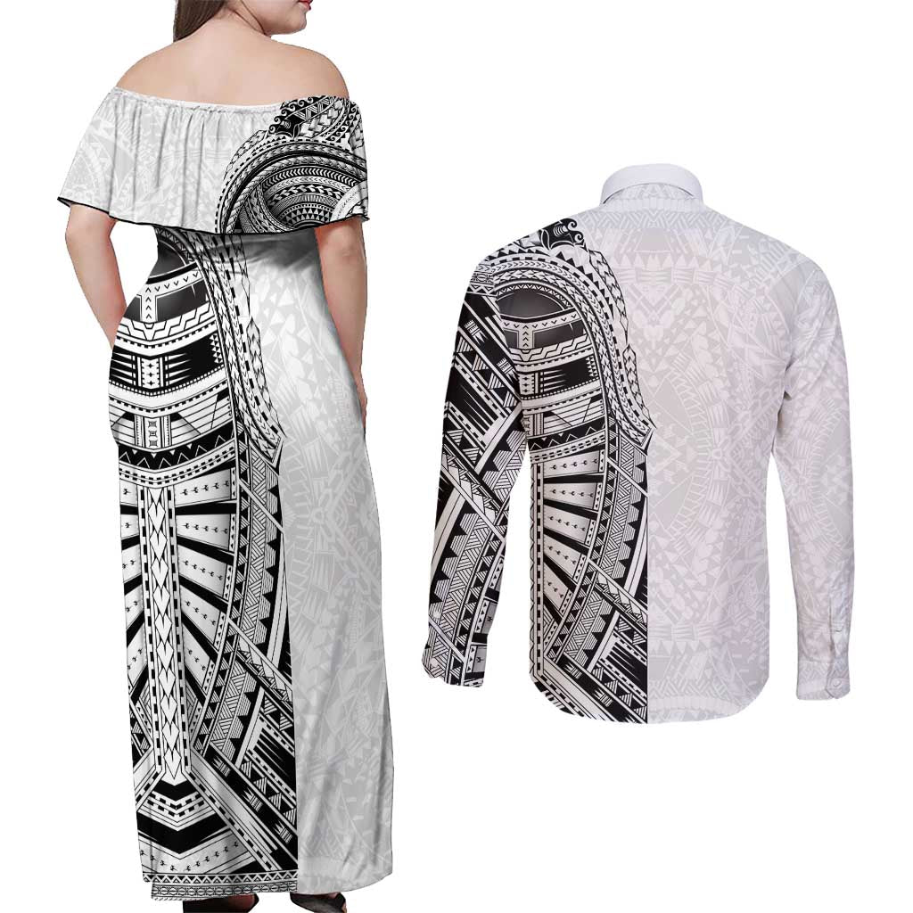 Traditional Polynesian Art Tattoos Couples Matching Off Shoulder Maxi Dress and Long Sleeve Button Shirt White Color LT03 - Polynesian Pride