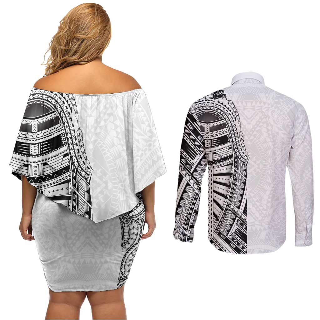 Traditional Polynesian Art Tattoos Couples Matching Off Shoulder Short Dress and Long Sleeve Button Shirt White Color LT03 - Polynesian Pride