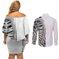 Traditional Polynesian Art Tattoos Couples Matching Off Shoulder Short Dress and Long Sleeve Button Shirt White Color LT03 - Polynesian Pride
