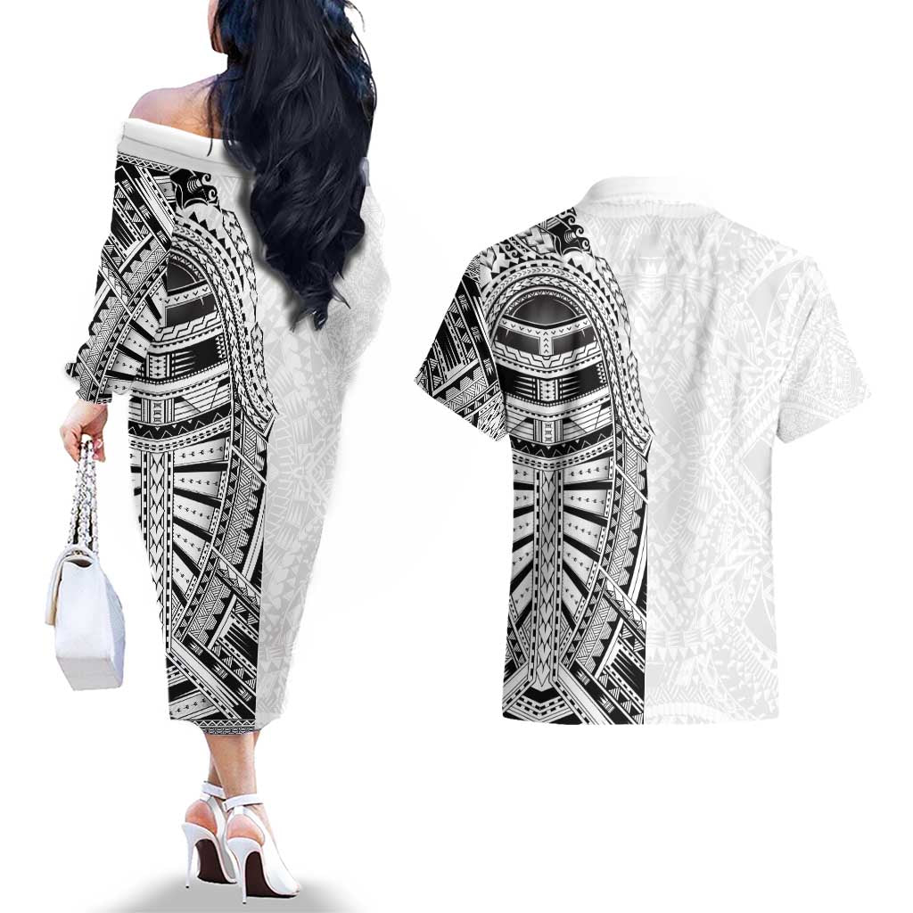 Traditional Polynesian Art Tattoos Couples Matching Off The Shoulder Long Sleeve Dress and Hawaiian Shirt White Color - Polynesian Pride