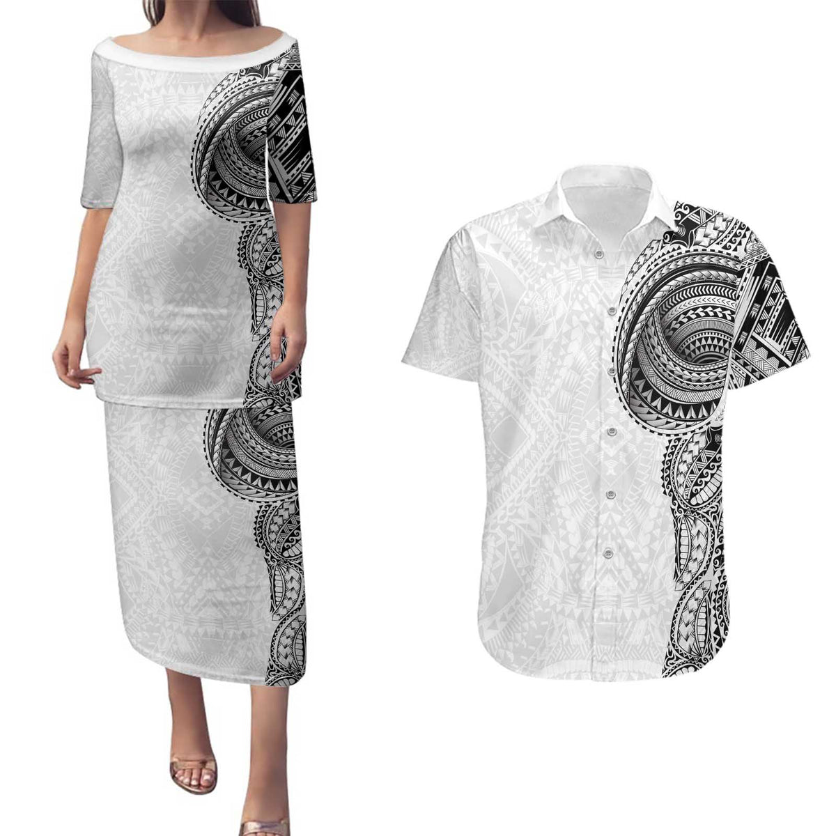 Traditional Polynesian Art Tattoos Couples Matching Puletasi and Hawaiian Shirt White Color LT03 White - Polynesian Pride