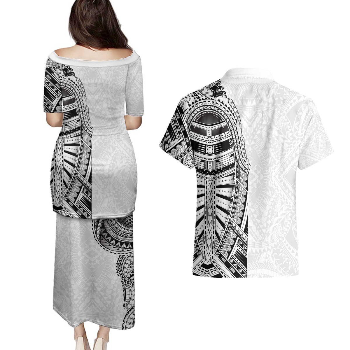 Traditional Polynesian Art Tattoos Couples Matching Puletasi and Hawaiian Shirt White Color LT03 - Polynesian Pride