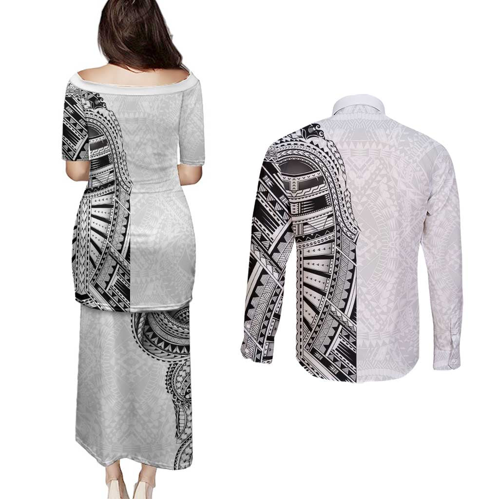 Traditional Polynesian Art Tattoos Couples Matching Puletasi and Long Sleeve Button Shirt White Color LT03 - Polynesian Pride