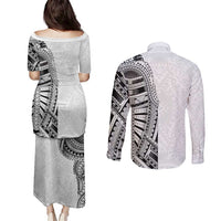 Traditional Polynesian Art Tattoos Couples Matching Puletasi and Long Sleeve Button Shirt White Color LT03 - Polynesian Pride