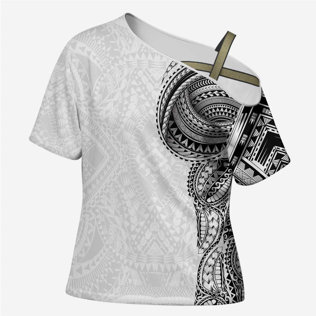 Traditional Polynesian Art Tattoos Cross Shoulder Shirt White Color LT03 Female White - Polynesian Pride