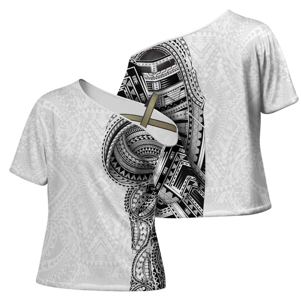 Traditional Polynesian Art Tattoos Cross Shoulder Shirt White Color LT03 - Polynesian Pride