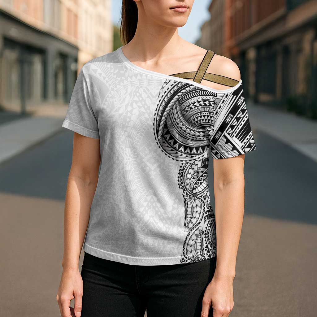 Traditional Polynesian Art Tattoos Cross Shoulder Shirt White Color LT03 - Polynesian Pride
