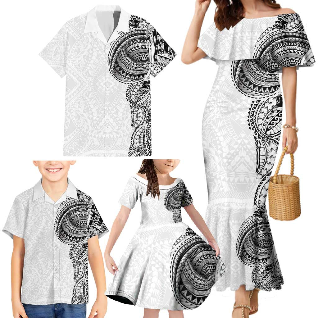 Traditional Polynesian Art Tattoos Family Matching Mermaid Dress and Hawaiian Shirt White Color - Polynesian Pride