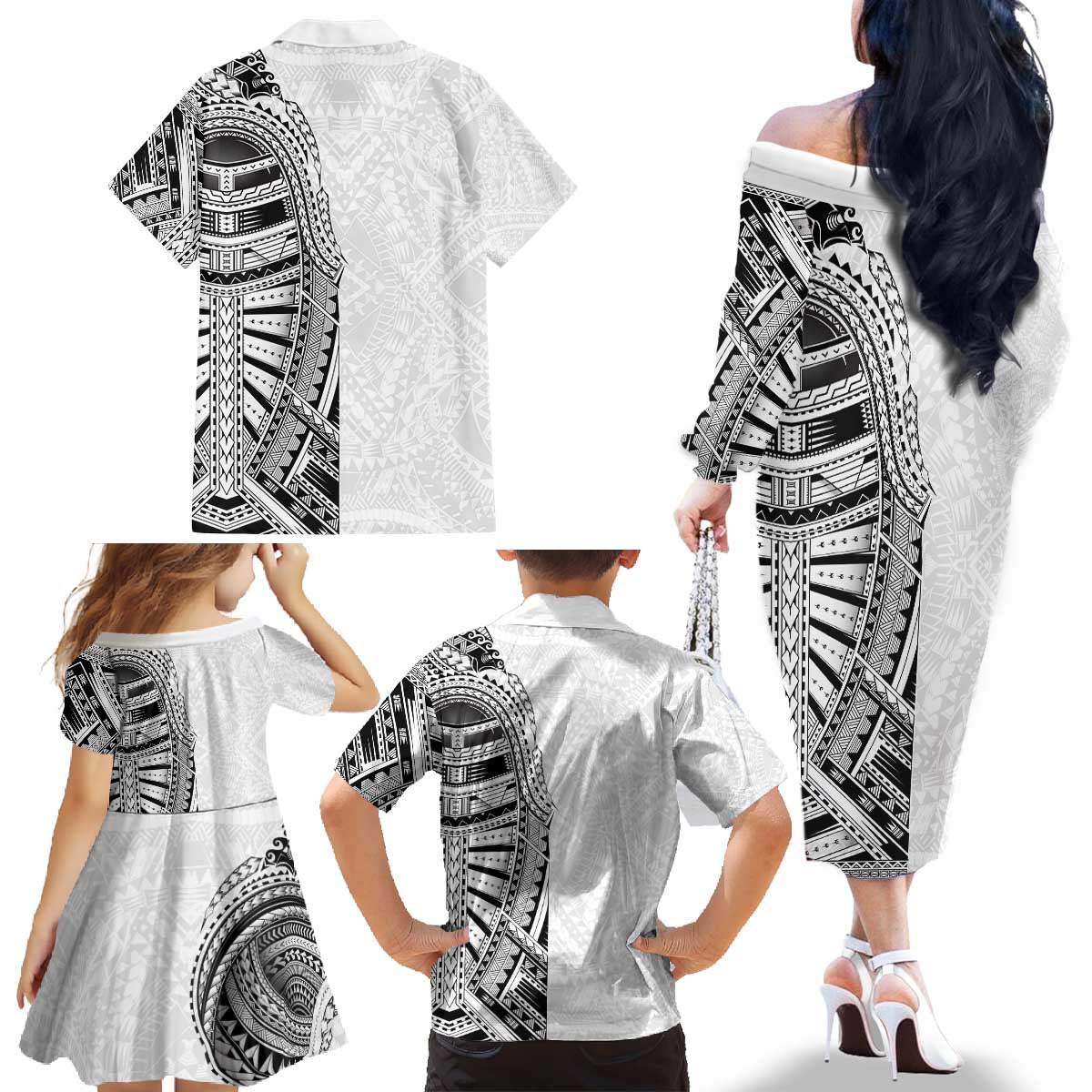 Traditional Polynesian Art Tattoos Family Matching Off The Shoulder Long Sleeve Dress and Hawaiian Shirt White Color - Polynesian Pride
