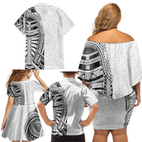 Traditional Polynesian Art Tattoos Family Matching Off Shoulder Short Dress and Hawaiian Shirt White Color - Polynesian Pride