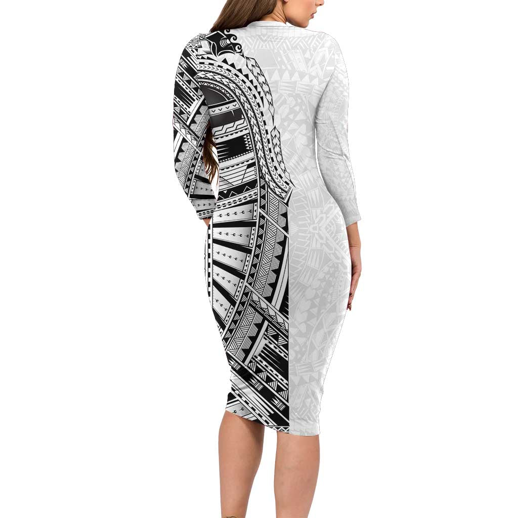 Traditional Polynesian Art Tattoos Long Sleeve Bodycon Dress White Color - Polynesian Pride