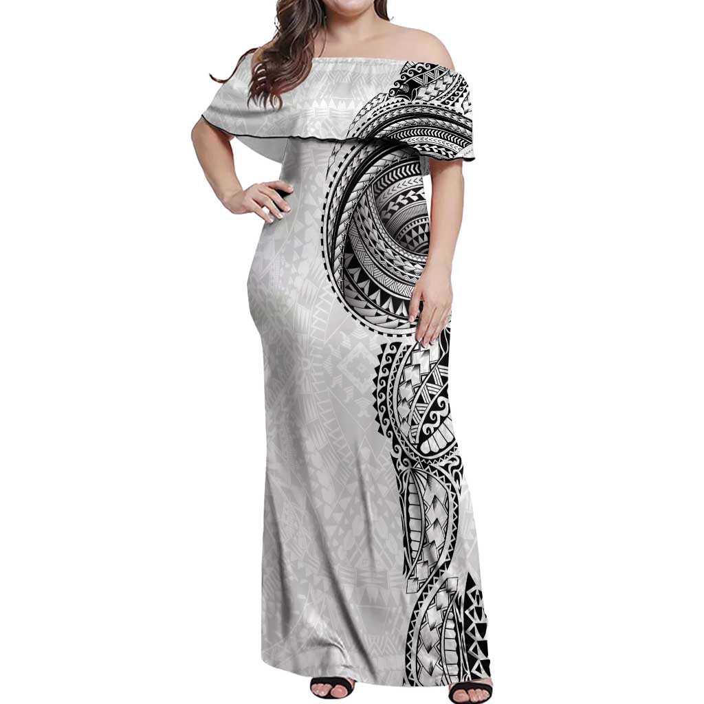 Traditional Polynesian Art Tattoos Off Shoulder Maxi Dress White Color - Polynesian Pride